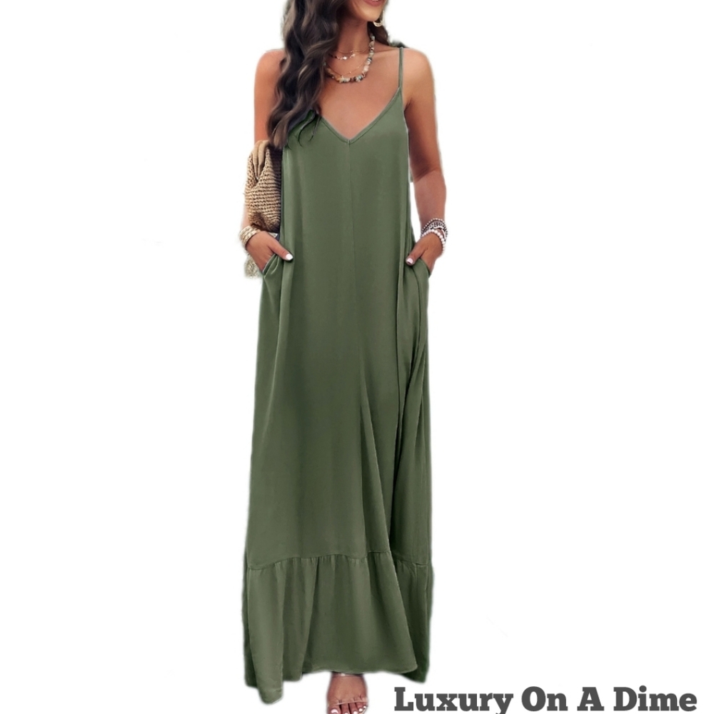 Oversized Pocket Casual Sleeveless V-Neck Low Back Long Summer Maxi Dress - Picture 2 of 12
